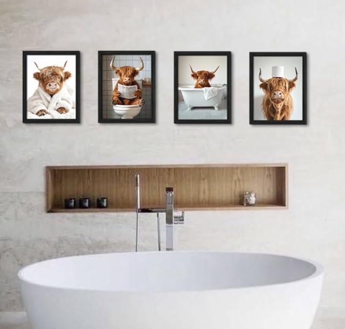 Highland Cow Funny Bathroom Decor Wall Art,Funny Bathroom Signs Animal Canvas Wall Art,Bathroom Highland Cow Art Prints,Rustic Farmhouse Bathroom Wall Decor,(8x10inch,4pcs,UNFRAMED)