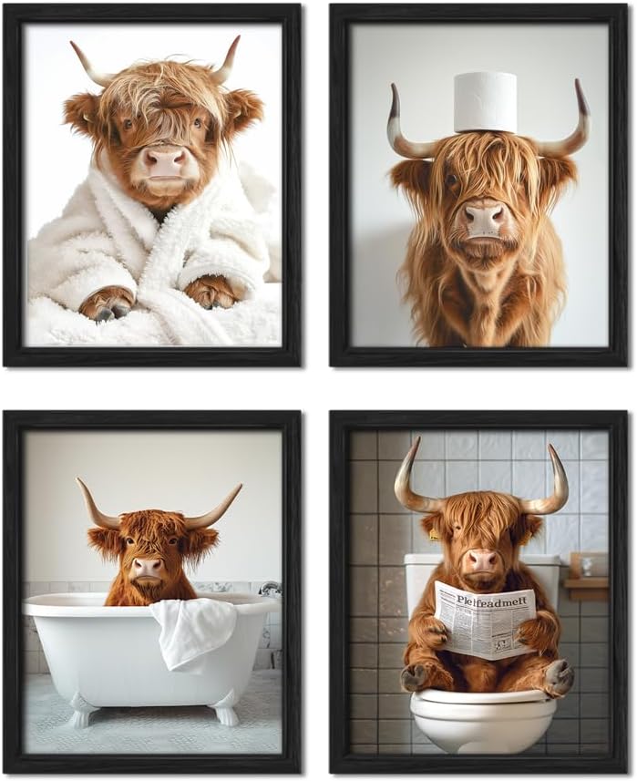 Highland Cow Funny Bathroom Decor Wall Art,Funny Bathroom Signs Animal Canvas Wall Art,Bathroom Highland Cow Art Prints,Rustic Farmhouse Bathroom Wall Decor,(8x10inch,4pcs,UNFRAMED)