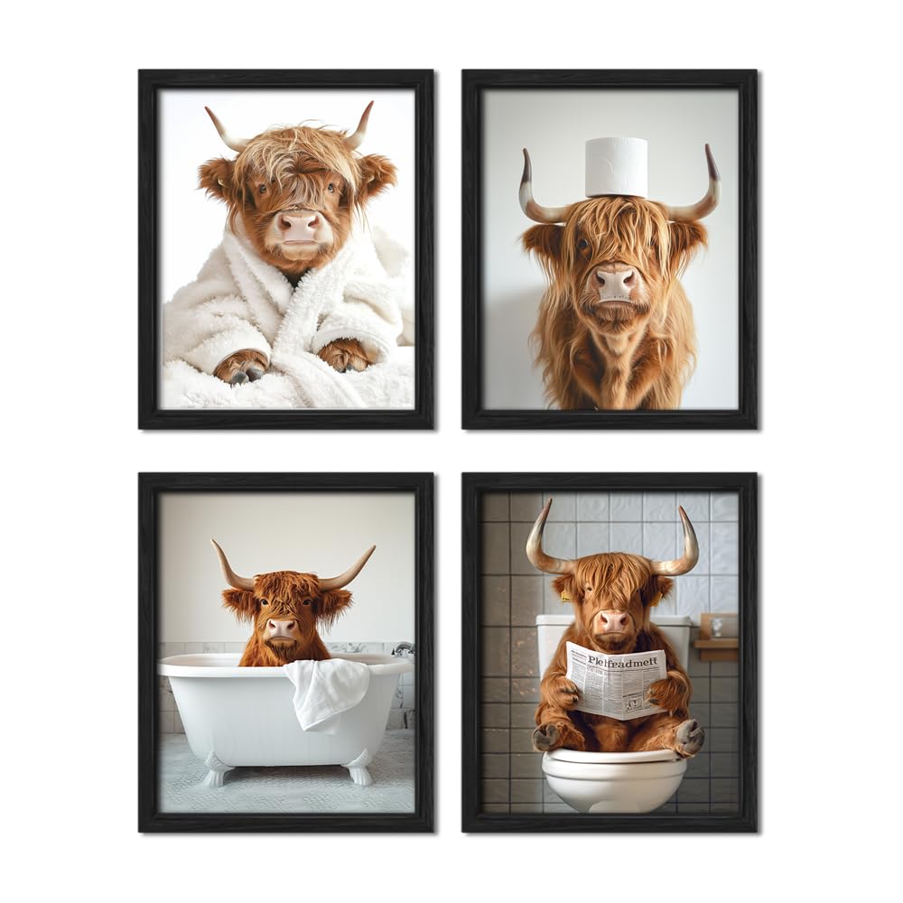 Highland Cow Funny Bathroom Decor Wall Art,Funny Bathroom Signs Animal Canvas Wall Art,Bathroom Highland Cow Art Prints,Rustic Farmhouse Bathroom Wall Decor,(8x10inch,4pcs,UNFRAMED)