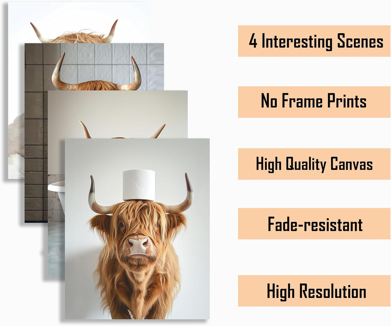 Highland Cow Funny Bathroom Decor Wall Art,Funny Bathroom Signs Animal Canvas Wall Art,Bathroom Highland Cow Art Prints,Rustic Farmhouse Bathroom Wall Decor,(8x10inch,4pcs,UNFRAMED)