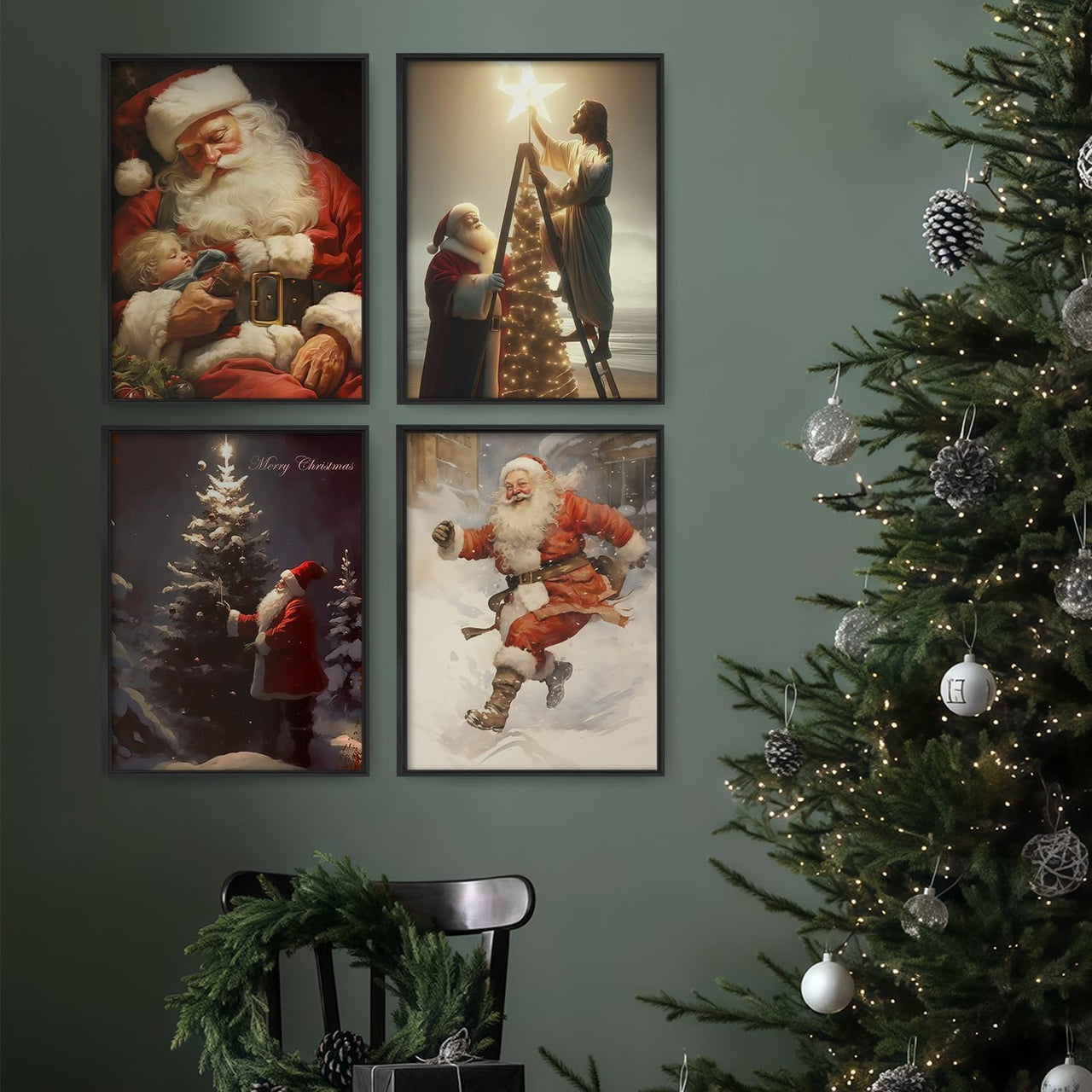 Christmas Santa Claus Wall Art Set - 4-Piece Holiday Decor Featuring Santa, Perfect for Home, Living Room, Bedroom, Office, and Seasonal Decorations(8x10inch, 4pcs, Framed)