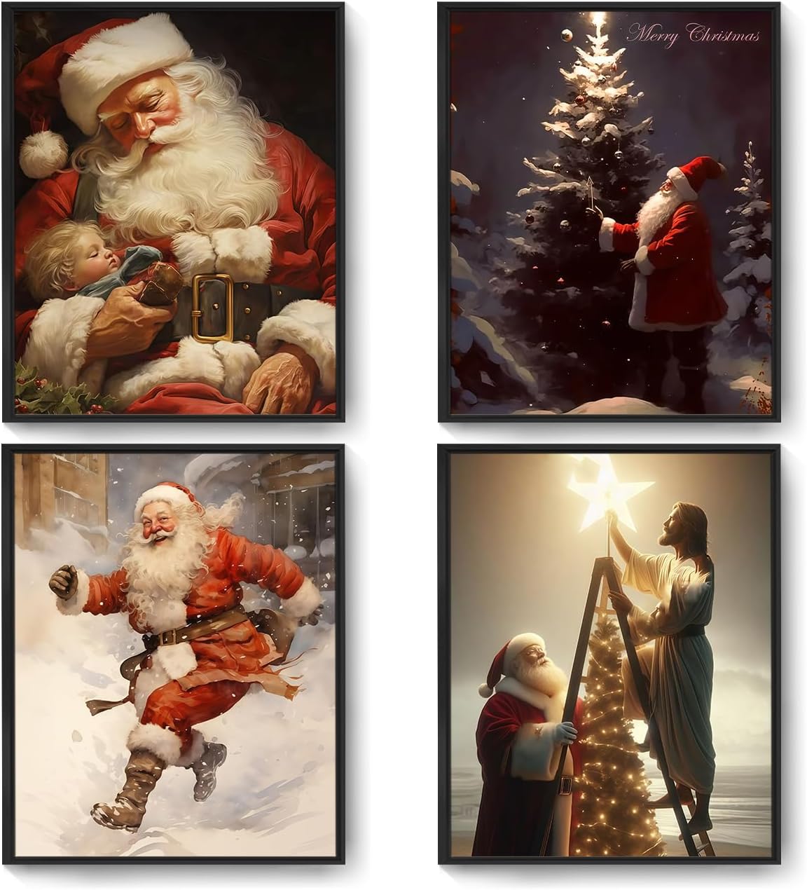 Christmas Santa Claus Wall Art Set - 4-Piece Holiday Decor Featuring Santa, Perfect for Home, Living Room, Bedroom, Office, and Seasonal Decorations(8x10inch, 4pcs, Framed)