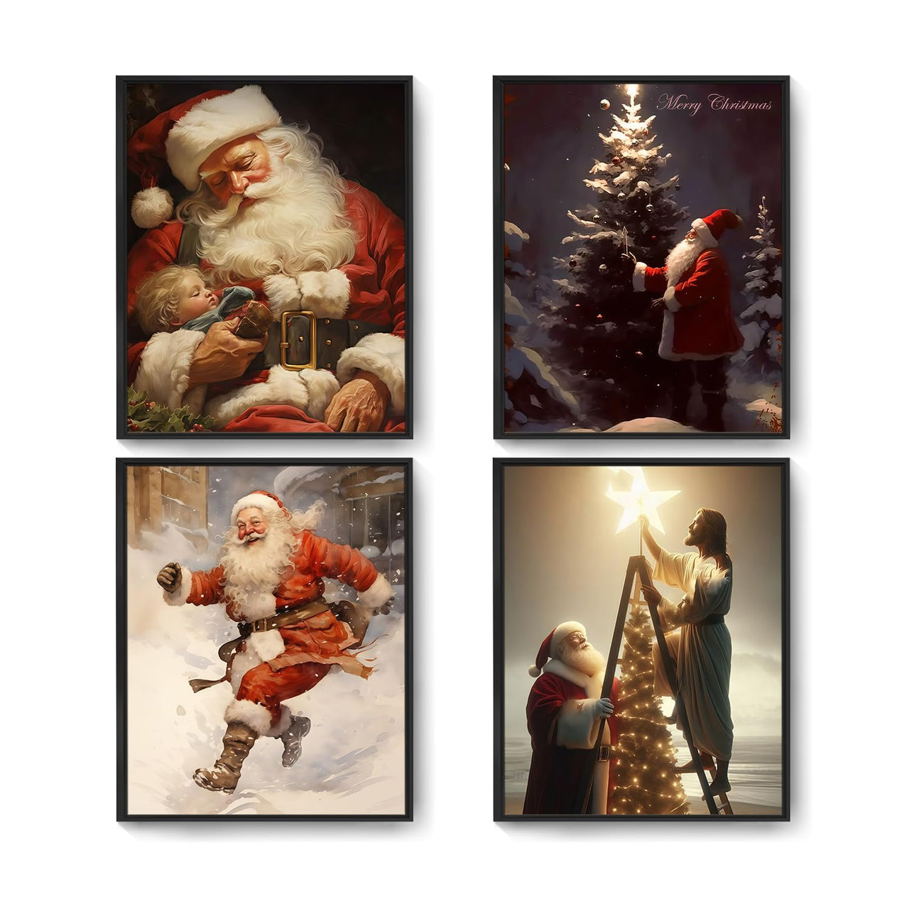 Christmas Santa Claus Wall Art Set - 4-Piece Holiday Decor Featuring Santa, Perfect for Home, Living Room, Bedroom, Office, and Seasonal Decorations(8x10inch, 4pcs, Framed)