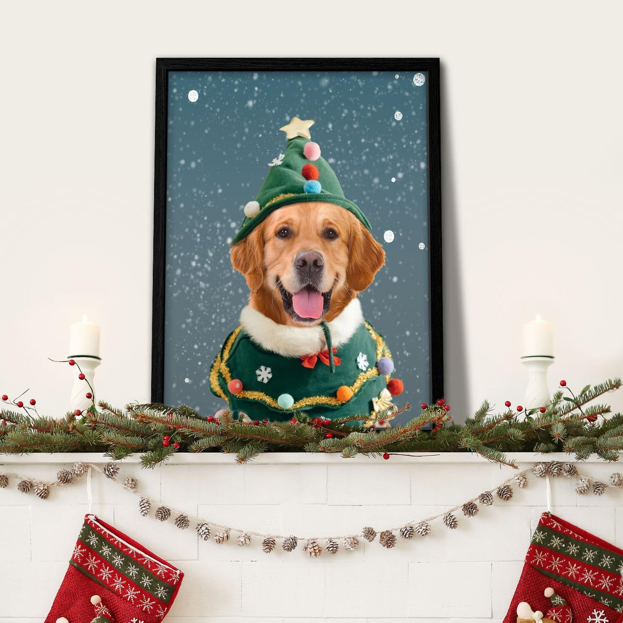 Personalized Canvas Print Personalized Pet Portrait From Photo,Christmas Pet Portrait, Funny Pet Portrait, Holiday Pet Portrait, Santa Pet, Pet Lover Gift, Funny Christmas Gift（8x12inch Framed）