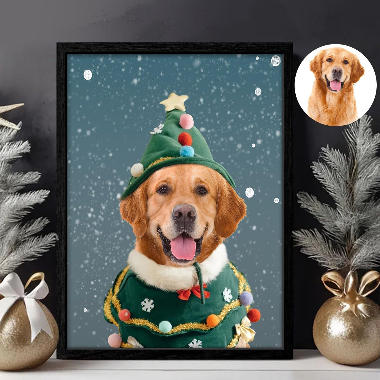 Personalized Canvas Print Personalized Pet Portrait From Photo,Christmas Pet Portrait, Funny Pet Portrait, Holiday Pet Portrait, Santa Pet, Pet Lover Gift, Funny Christmas Gift（8x12inch Framed）