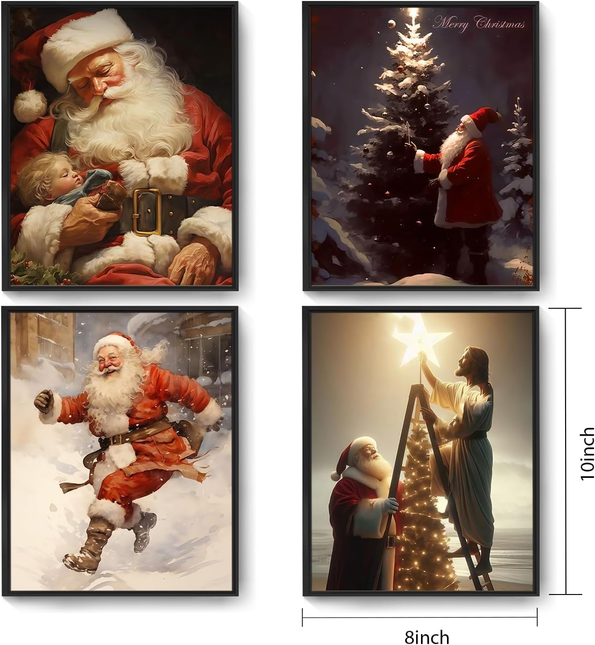 Christmas Santa Claus Wall Art Set - 4-Piece Holiday Decor Featuring Santa, Perfect for Home, Living Room, Bedroom, Office, and Seasonal Decorations(8x10inch, 4pcs, Framed)